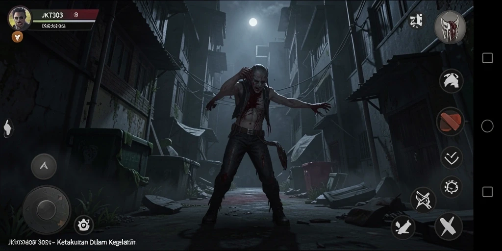 Gameplay JKT303 dengan suasana yang mencekam menjelajahi area angker.