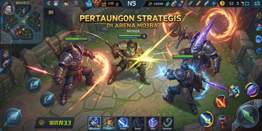 Tangkapan layar gameplay <strong>WIN33</strong> yang menunjukkan aksi pertarungan tim di arena.