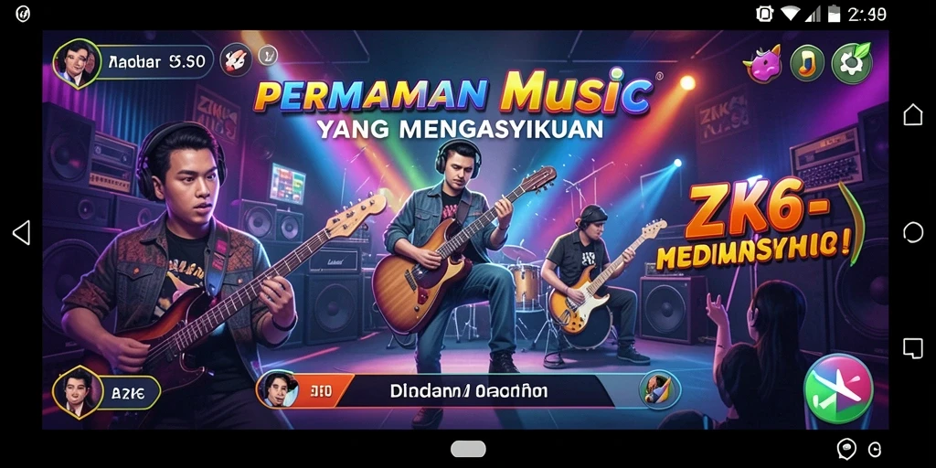 Screenshot gameplay ZK6 menampilkan berbagai alat musik dan interaksi pemain.